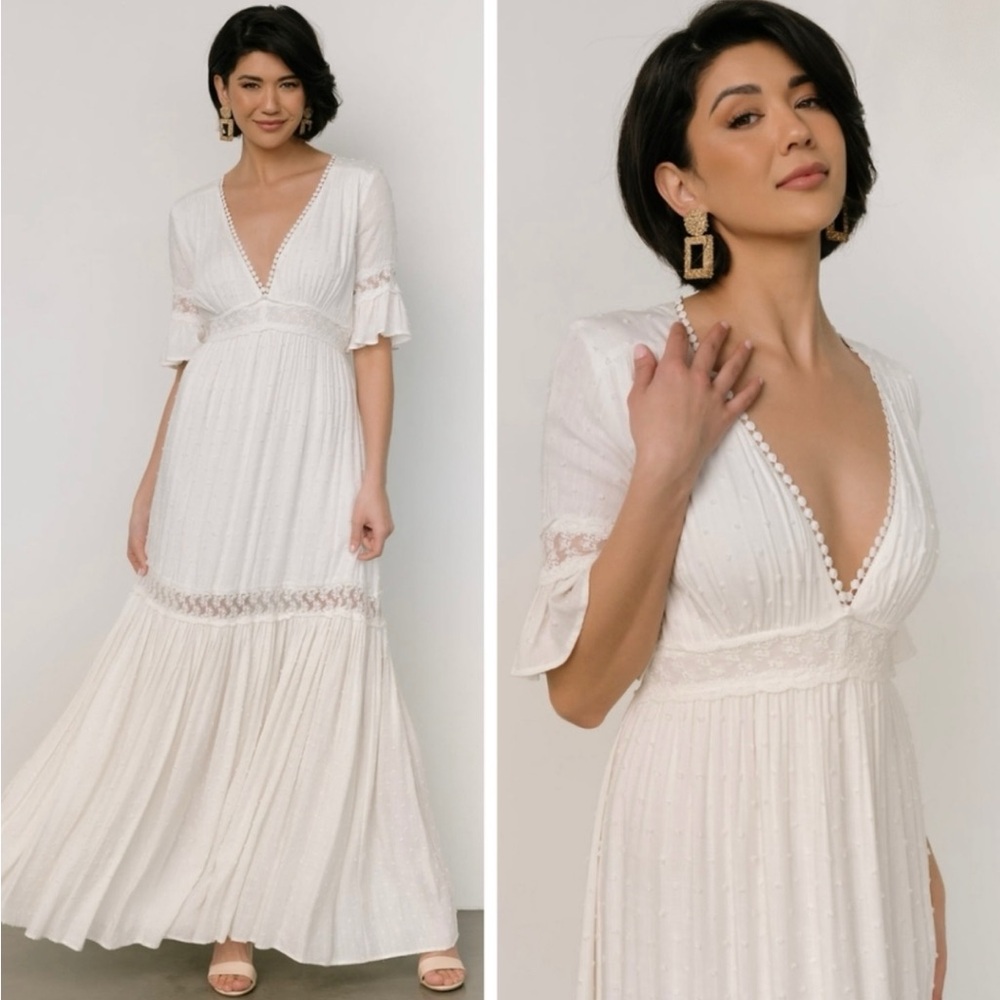 Baltic Born Rayne White Deep V Maxi Swiss Dot  Dress - Size XL